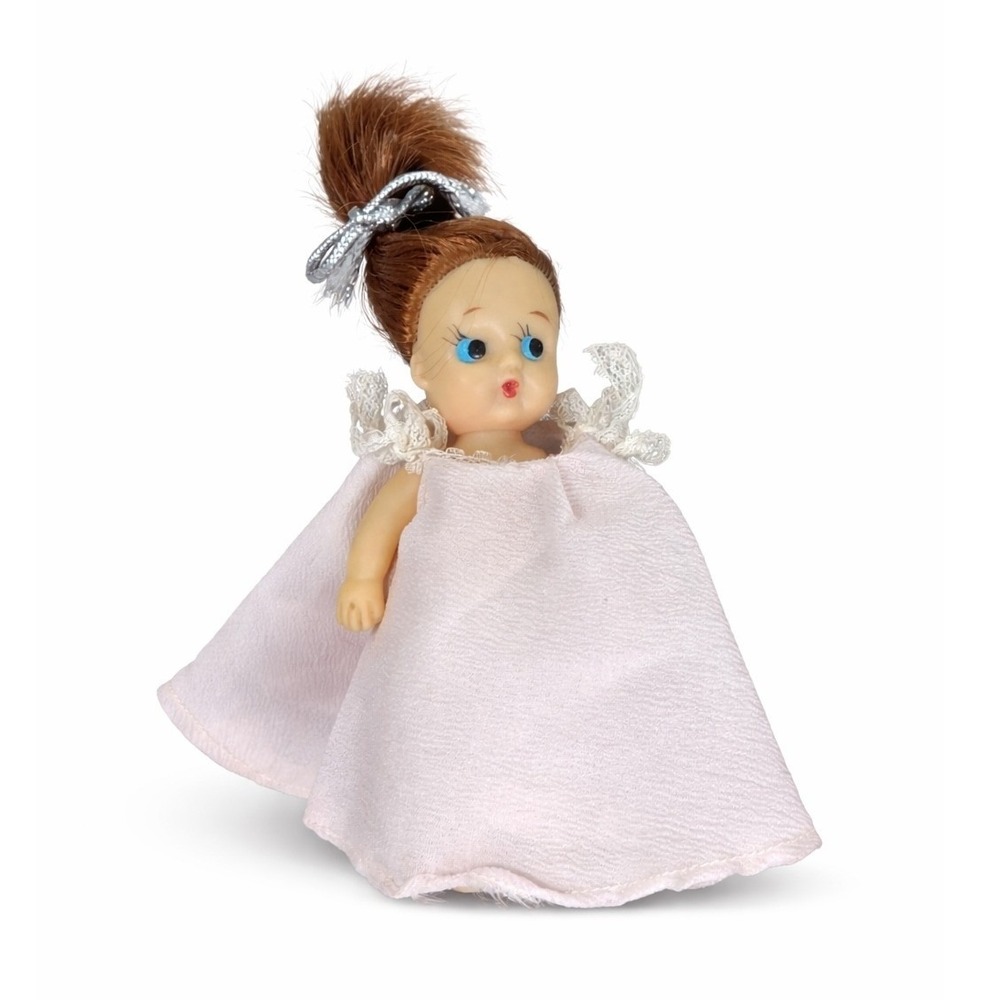 Vintage Mini Plastic Doll‎ Brown Ponytail Blue Eyes White Dress 6in Toy Figure